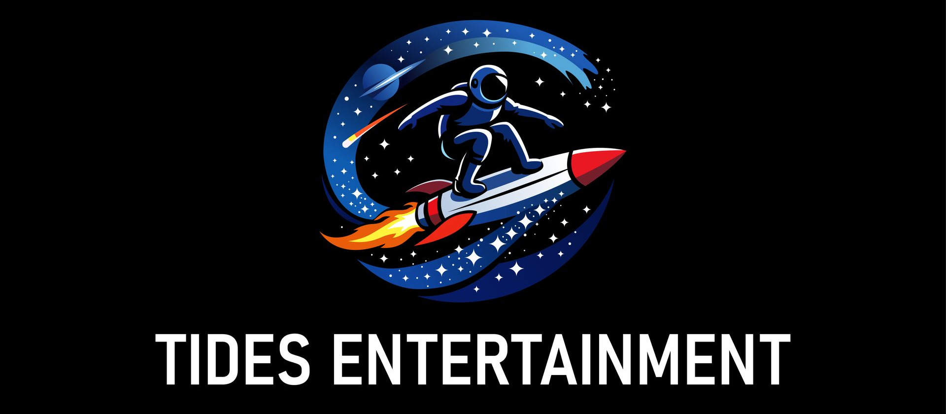 Astronaut surfing on a rocket through space, logo for Tides Entertainment. Blue, red, white, black.