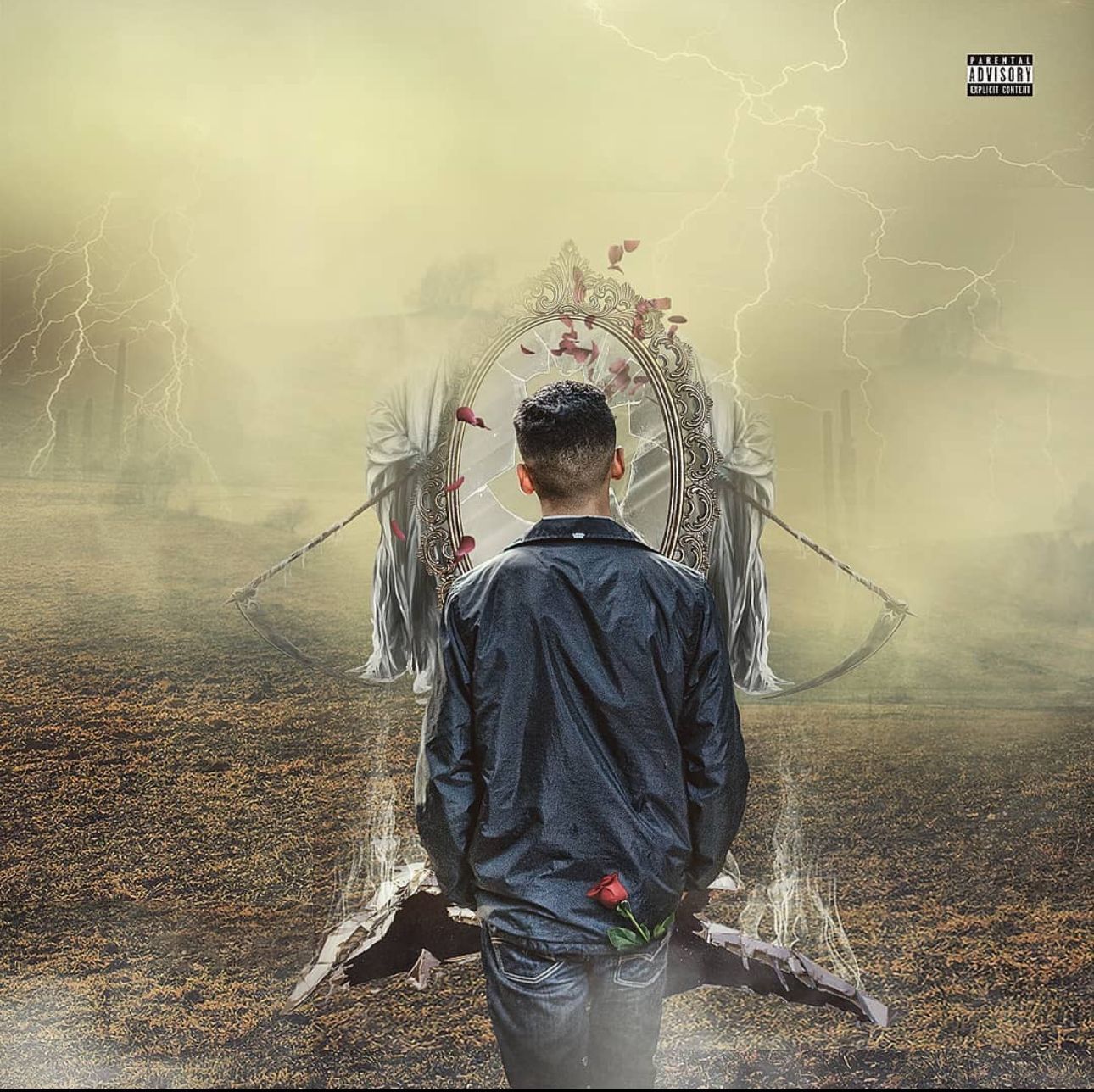 Man facing a portal with reapers. Cloudy sky, lightning, and dry landscape. Rose in pocket.