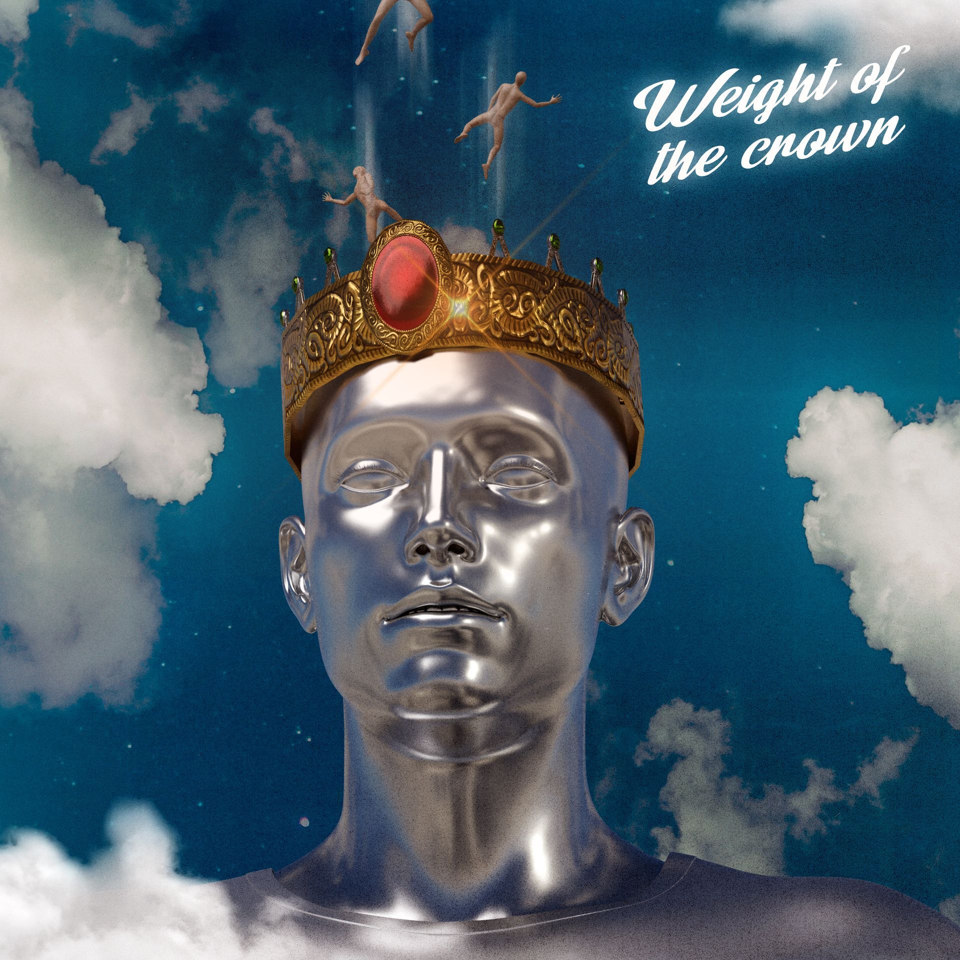 Silver statue head wearing a gold crown with a red jewel. Figures falling from the sky in a cloudy, blue setting. Text 