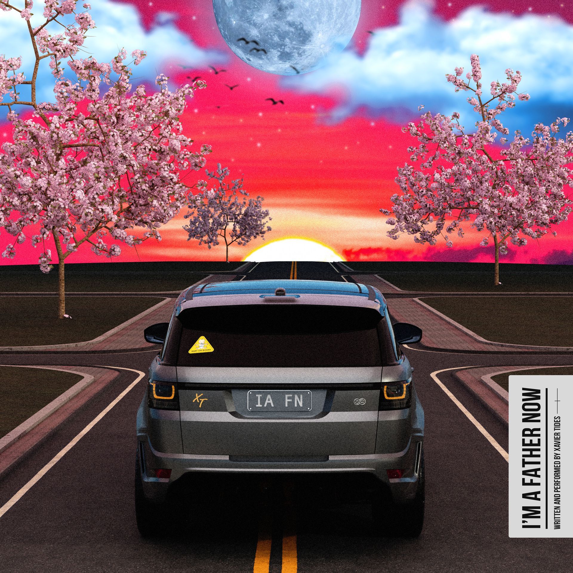 SUV on a road toward a sunset, with cherry blossom trees and a moon overhead; album art.
