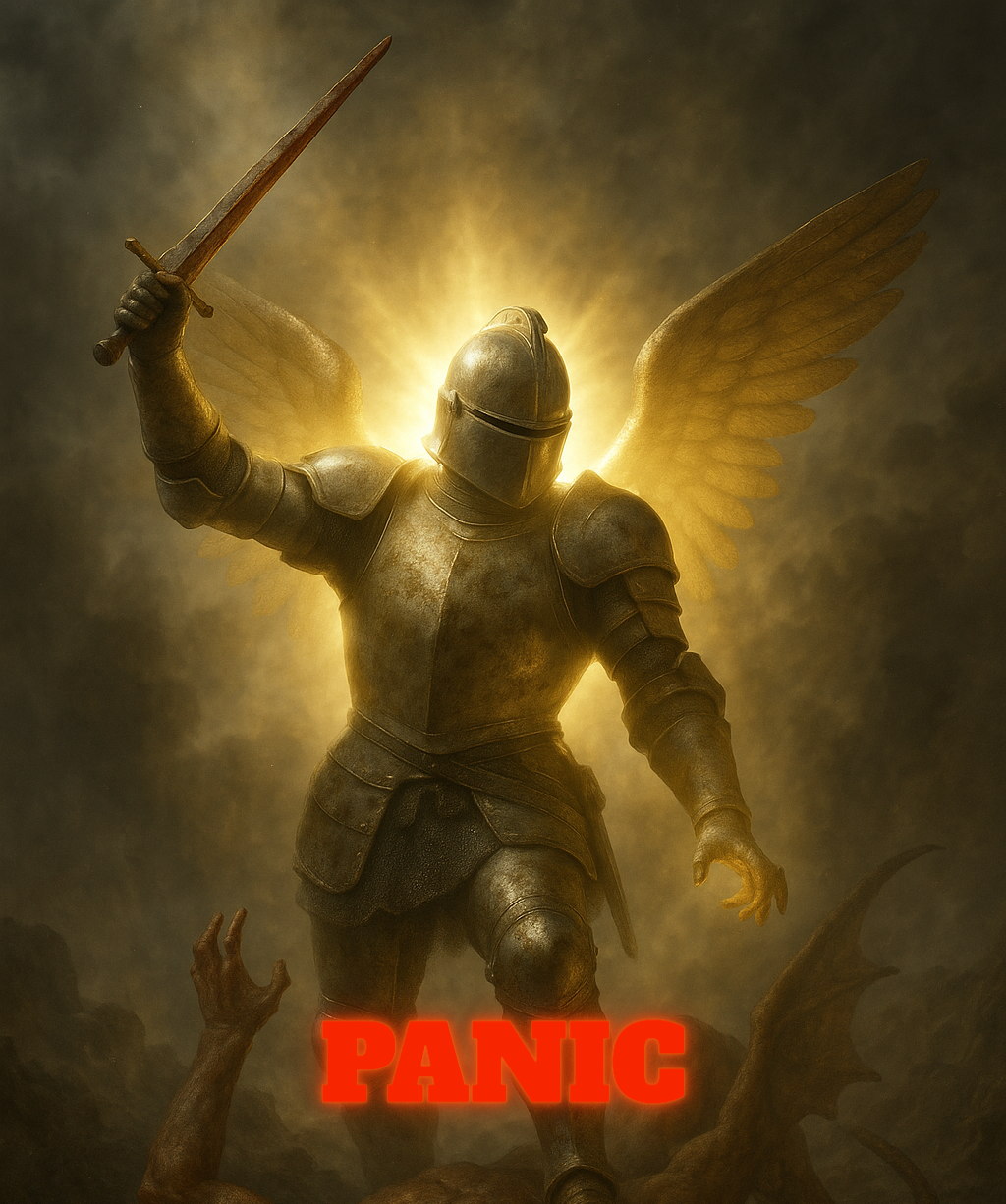 Glowing armored angel wielding sword, battling demons with 