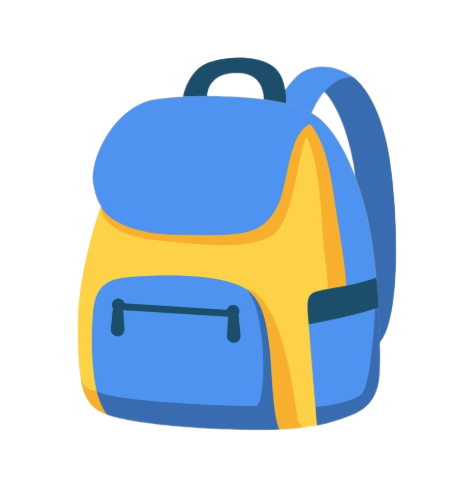 A blue and yellow backpack with a top handle and a front zippered pocket.