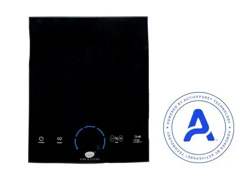 A black device with a blue a logo next to it.