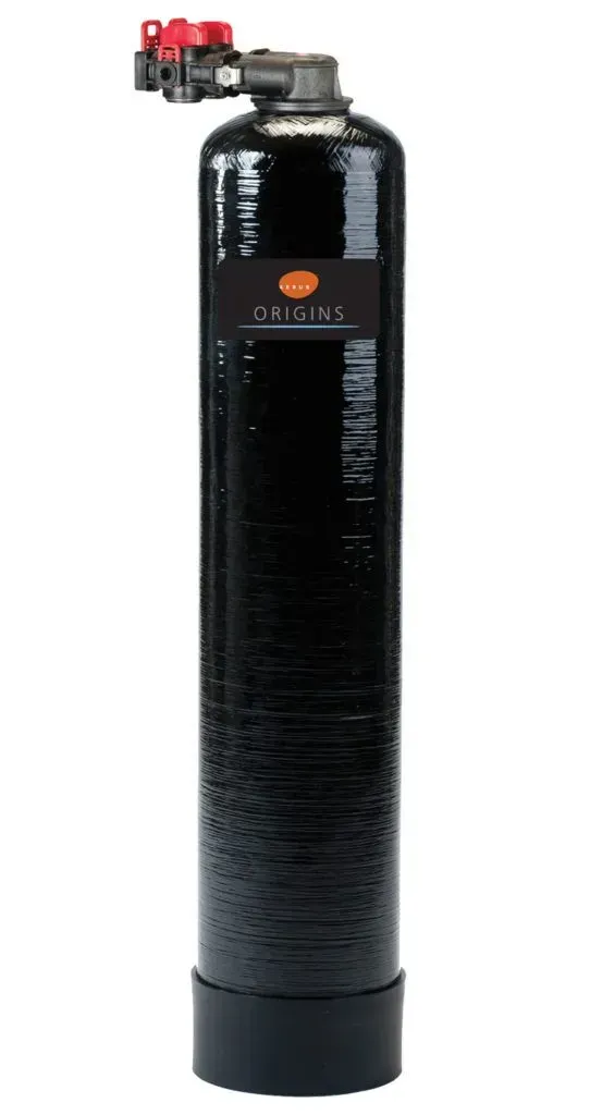 A black water filter is sitting on a white surface.
