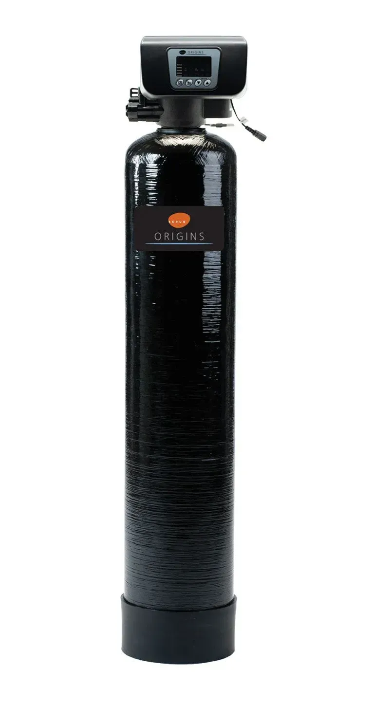 A black water filter is sitting on a white surface.