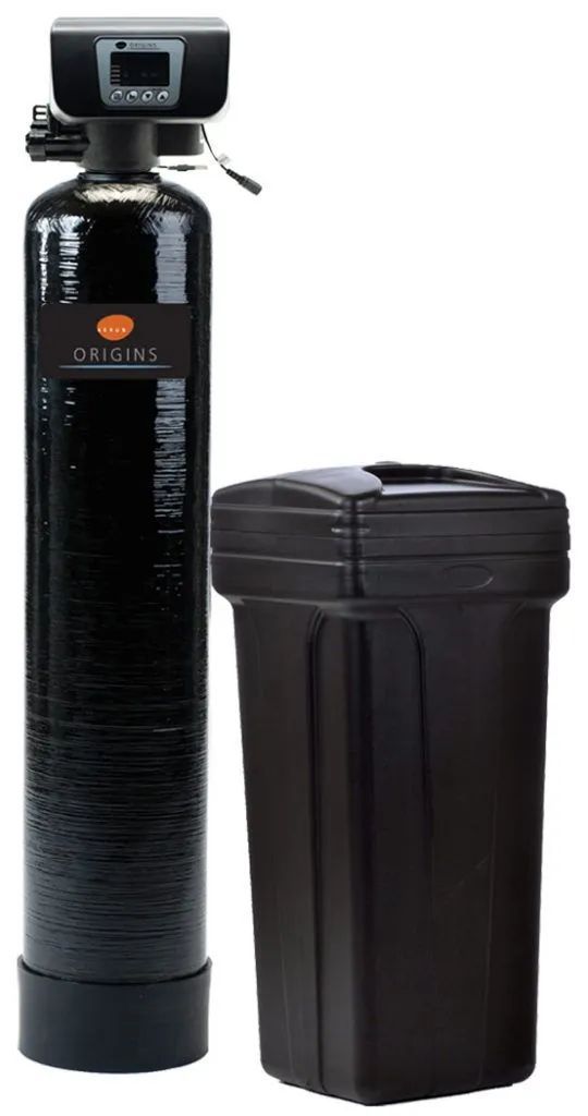 A black water softener and a black water tank on a white background.