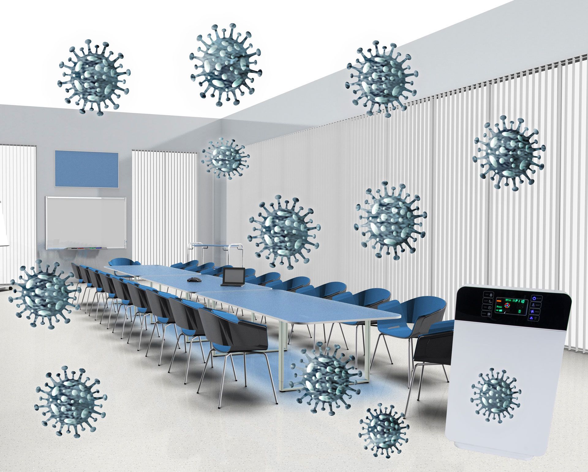 A conference room with a long table and chairs surrounded by viruses