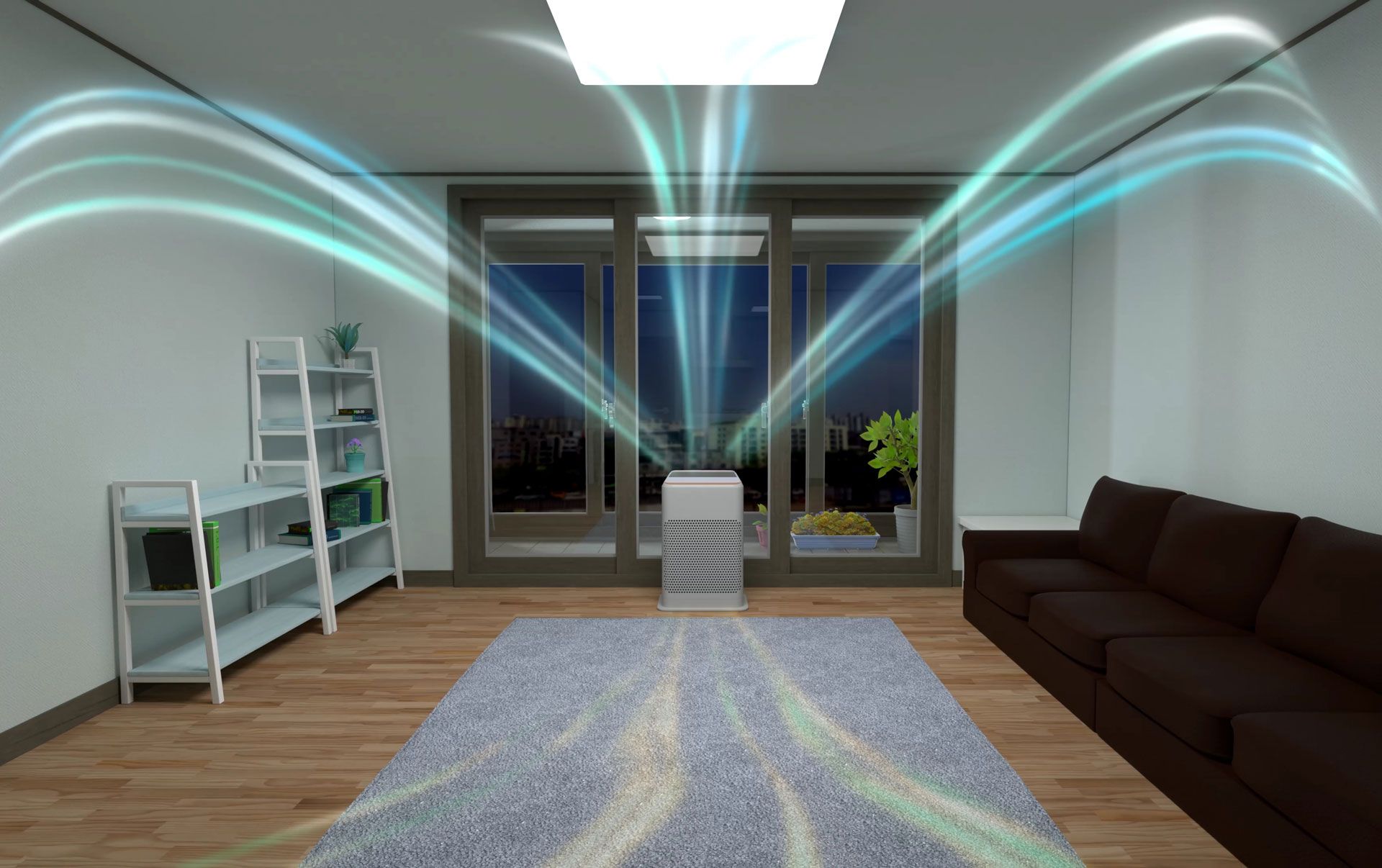 A living room with a couch and a rug and a light coming from the ceiling.