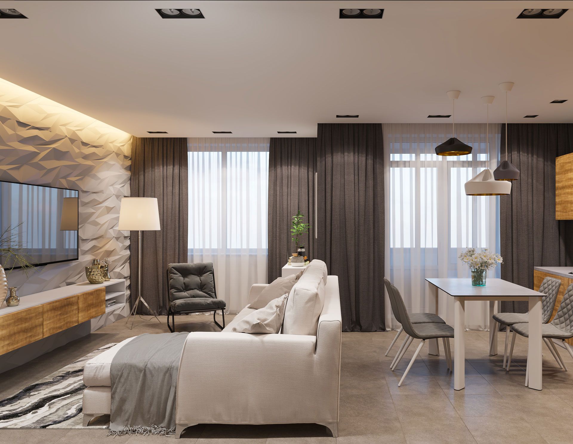 A living room with a couch , chair , table and television.