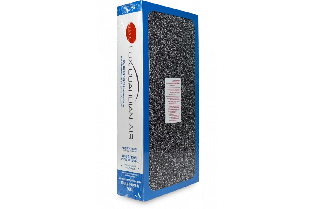 A blue and white box with a black item in it on a white background.