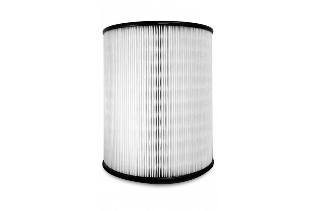 A white filter with a black rim on a white background.