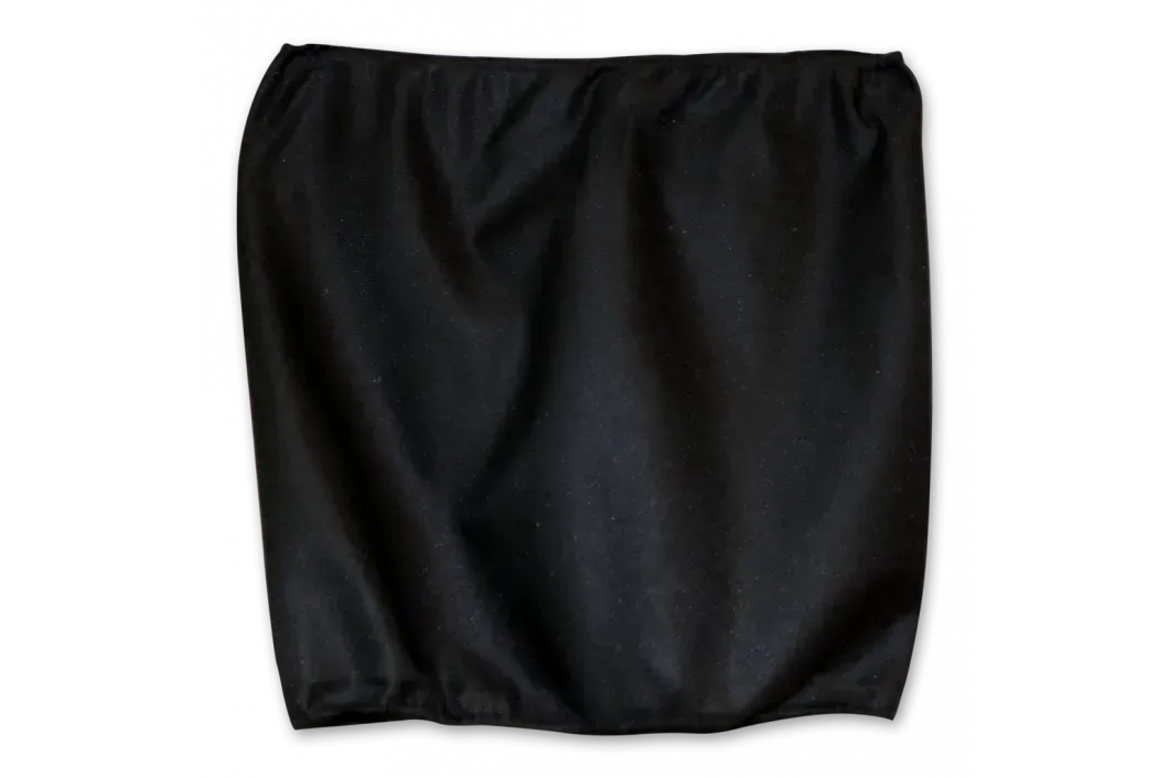 A black tube top is shown on a white background