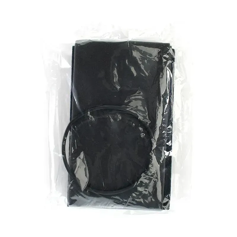A pair of black tights in a plastic bag.