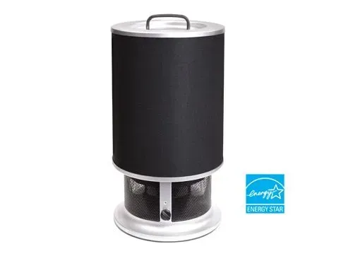A black and silver air purifier with an energy star sticker on it.