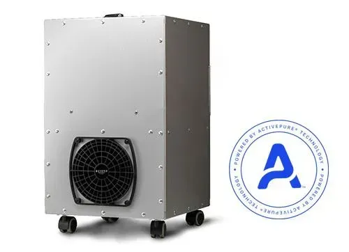 A white air purifier with wheels and a blue a logo on it.