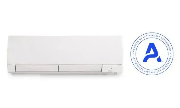 A white air conditioner with a blue letter a on it