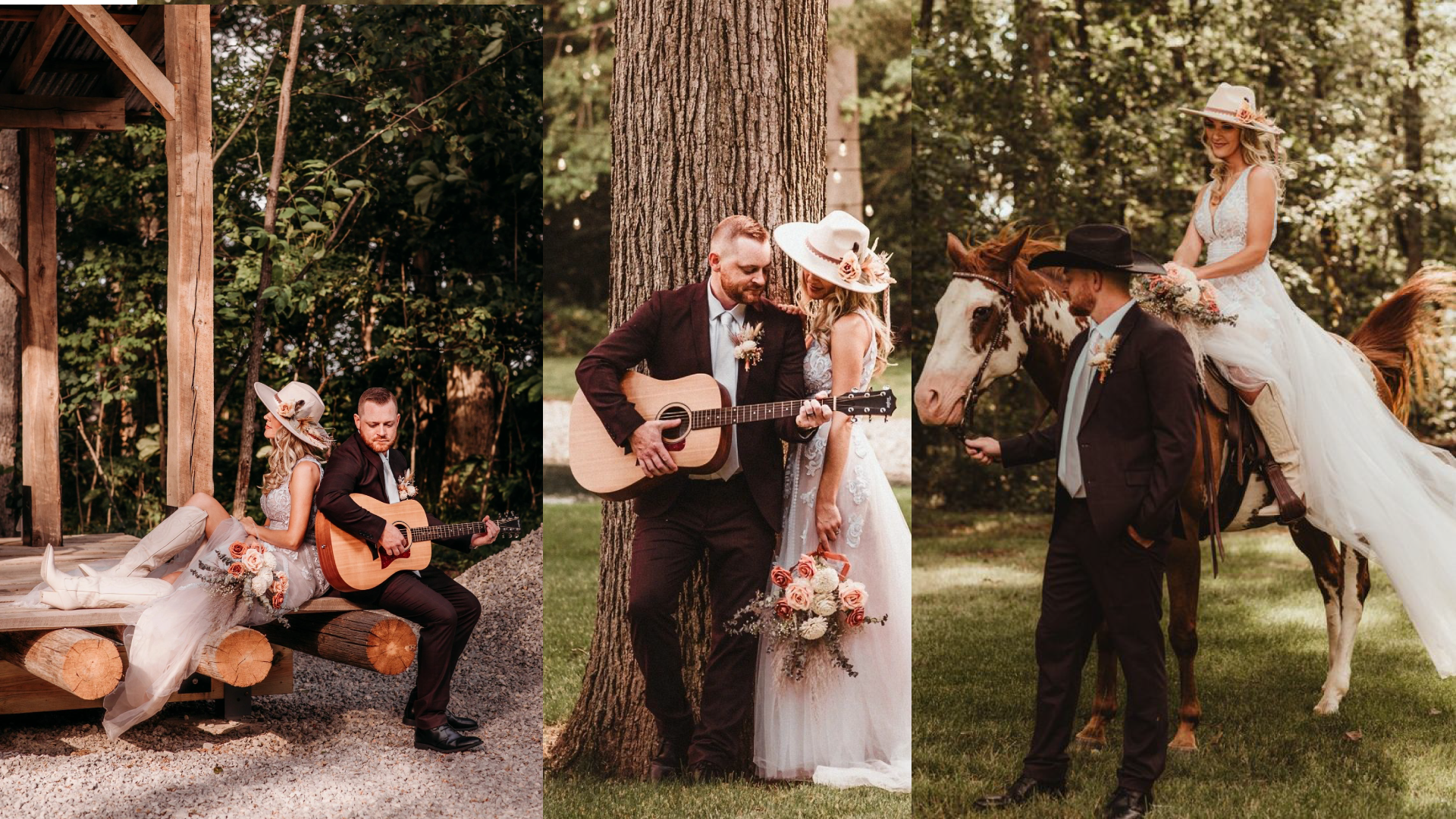 A bride and groom are posing for a picture while a man plays a guitar.