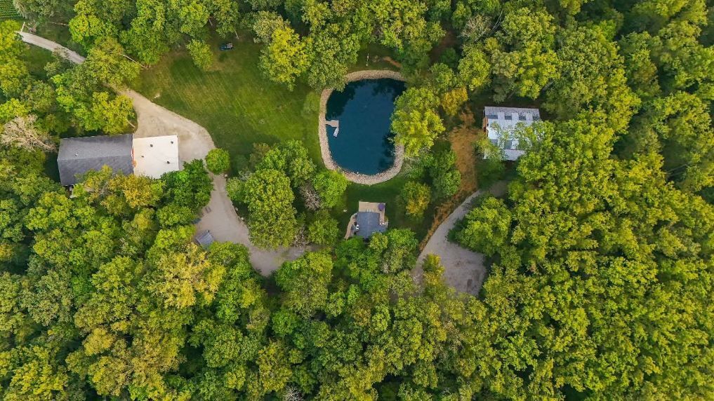 Aerial view of a forest clearing with a small pond, paths, and a few structures amid dense green trees
