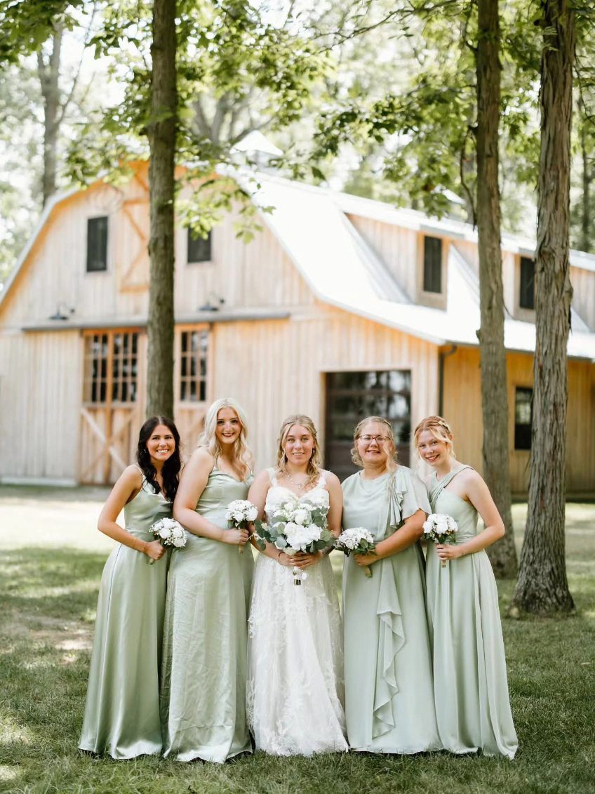 Five women in pale green dresses and white gown pose with bouquets in front of a rustic barn.
