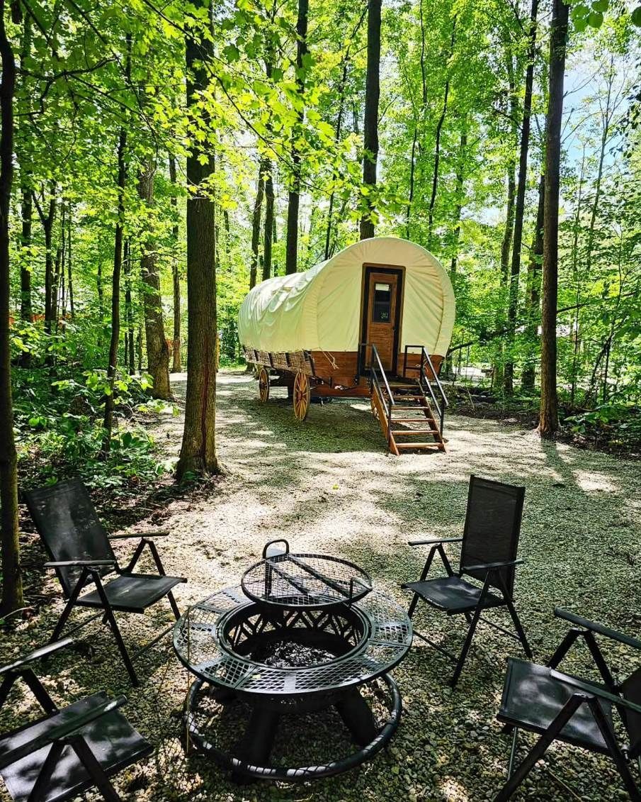 Forest campsite with a small cabin, fire pit, and four black chairs among tall trees.