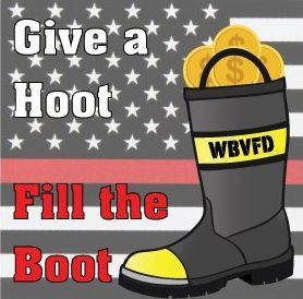 A fireman 's boot with coins in it and the words give a hoot fill the boot