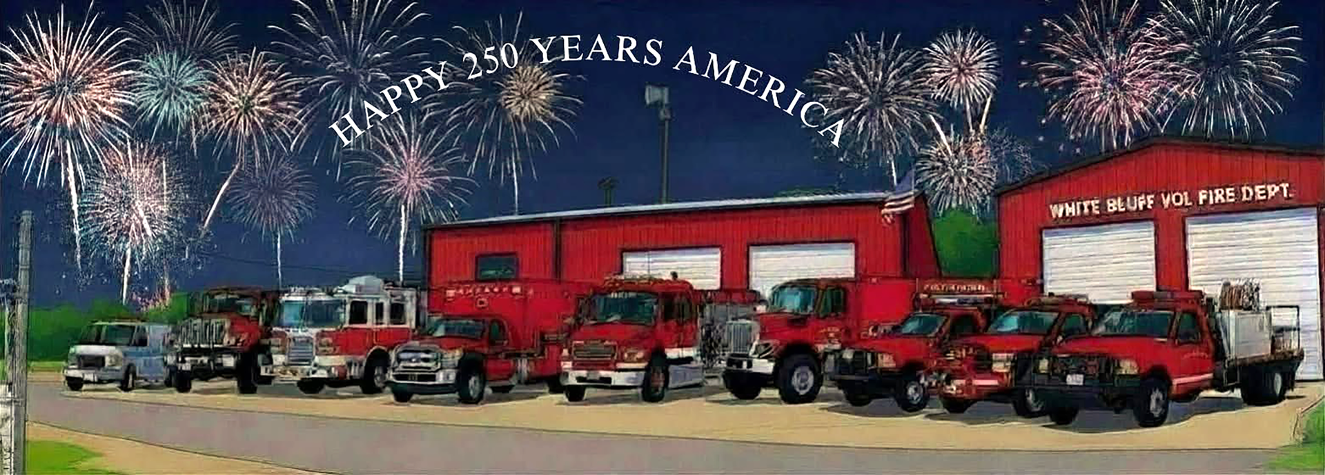 Red fire trucks lined up in front of a fire station under fireworks display at night