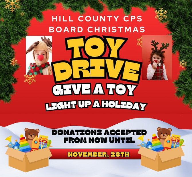 Poster for a toy drive in Hill County for children in foster care. Red background, photos of children with reindeer antlers.