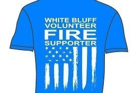 A blue t-shirt with the words `` white bluff volunteer fire supporter '' on it