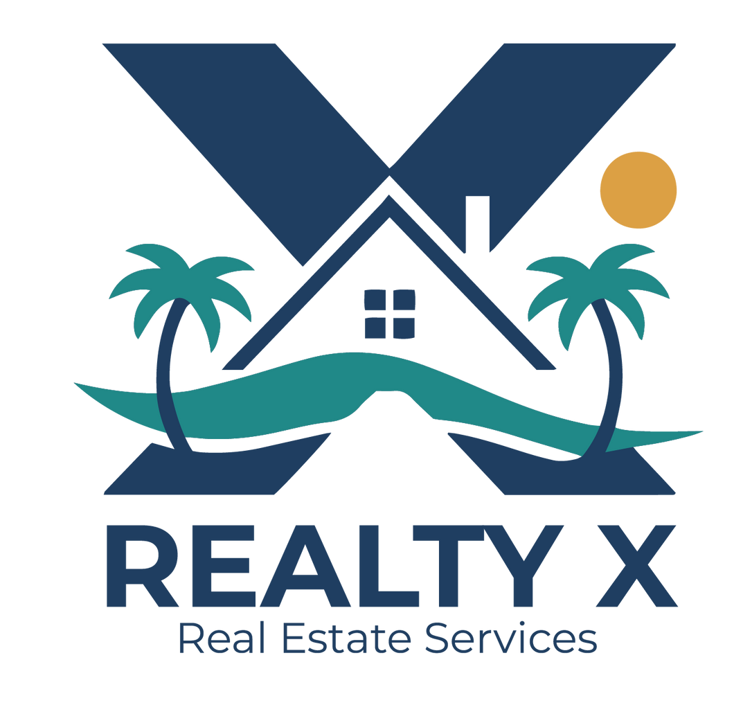 A logo for realty x real estate services with a house and palm trees