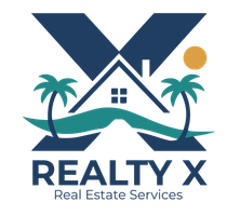 A logo for realty x real estate services with a house and palm trees