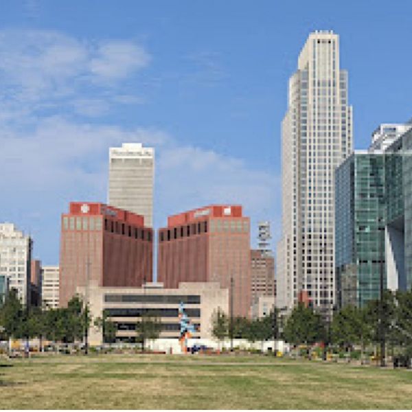 A cityscape with a lot of tall buildings and a park in the foreground