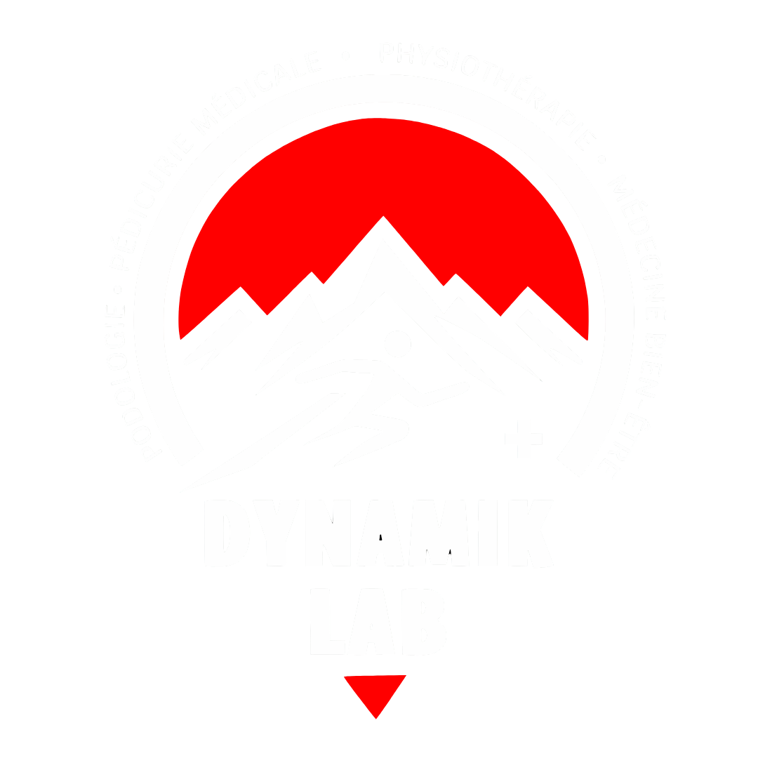 Sommet de montagne rouge à l'intérieur d'un cercle rouge, avec du texte blanc et un triangle rouge pointant vers le bas en dessous.