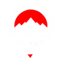 Sommet de montagne rouge à l'intérieur d'un cercle rouge, avec du texte blanc et un triangle rouge pointant vers le bas en dessous.
