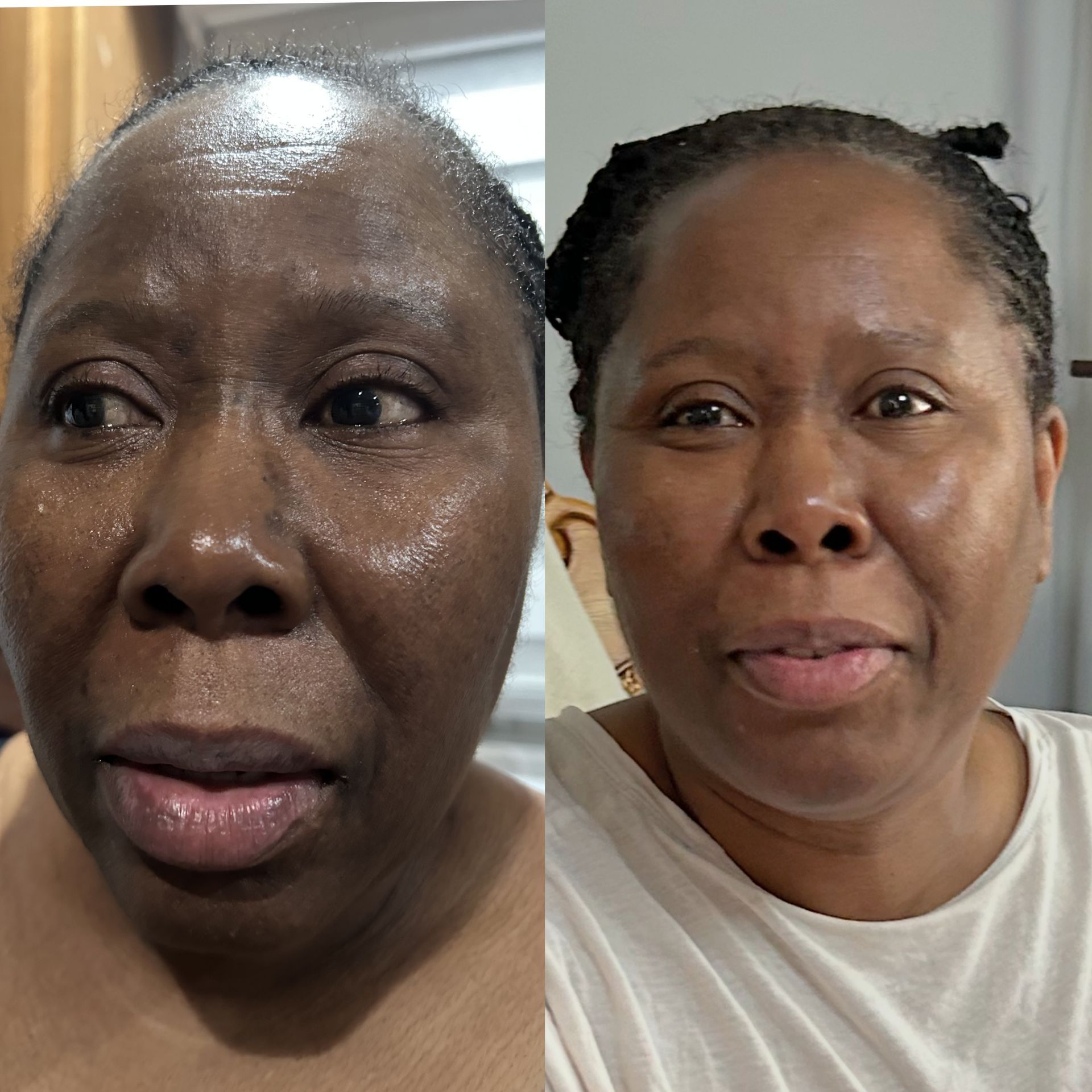 Two side-by-side close-up selfies of a woman, one with a shiny face and one with a more matte finish.