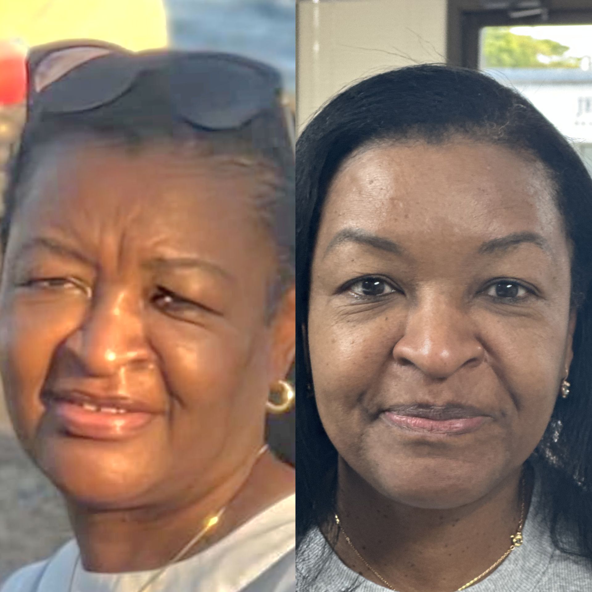 Two women’s portrait photos side by side, one in sunlight and one indoors, both facing the camera.