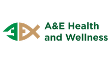 A&E Health and Wellness logo with green and tan stylized letters on a white background