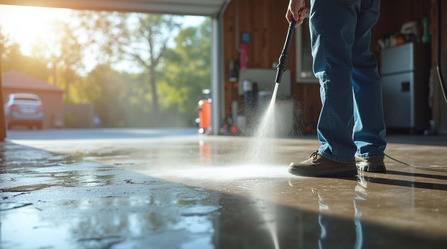 A person operates a pressure washer to clean a garage, highlighting the importance of cleanliness in Utah homes.