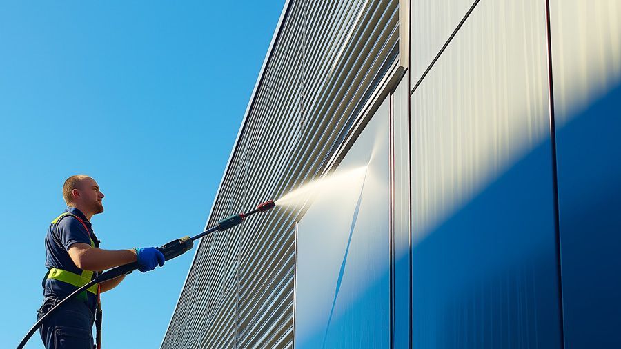A man is pressure washing a building in Satisfy, Utah, showcasing maintenance work on the structure