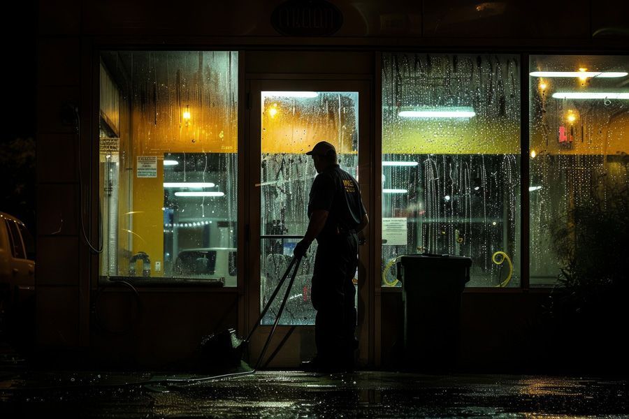 A man cleans the window of Satisfy Utah restaurant at night, ensuring a clear view for evening diners.