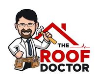 Logo: Cartoon man in lab coat with hammer and tool belt.  Roof outline and "The Roof Doctor" text.