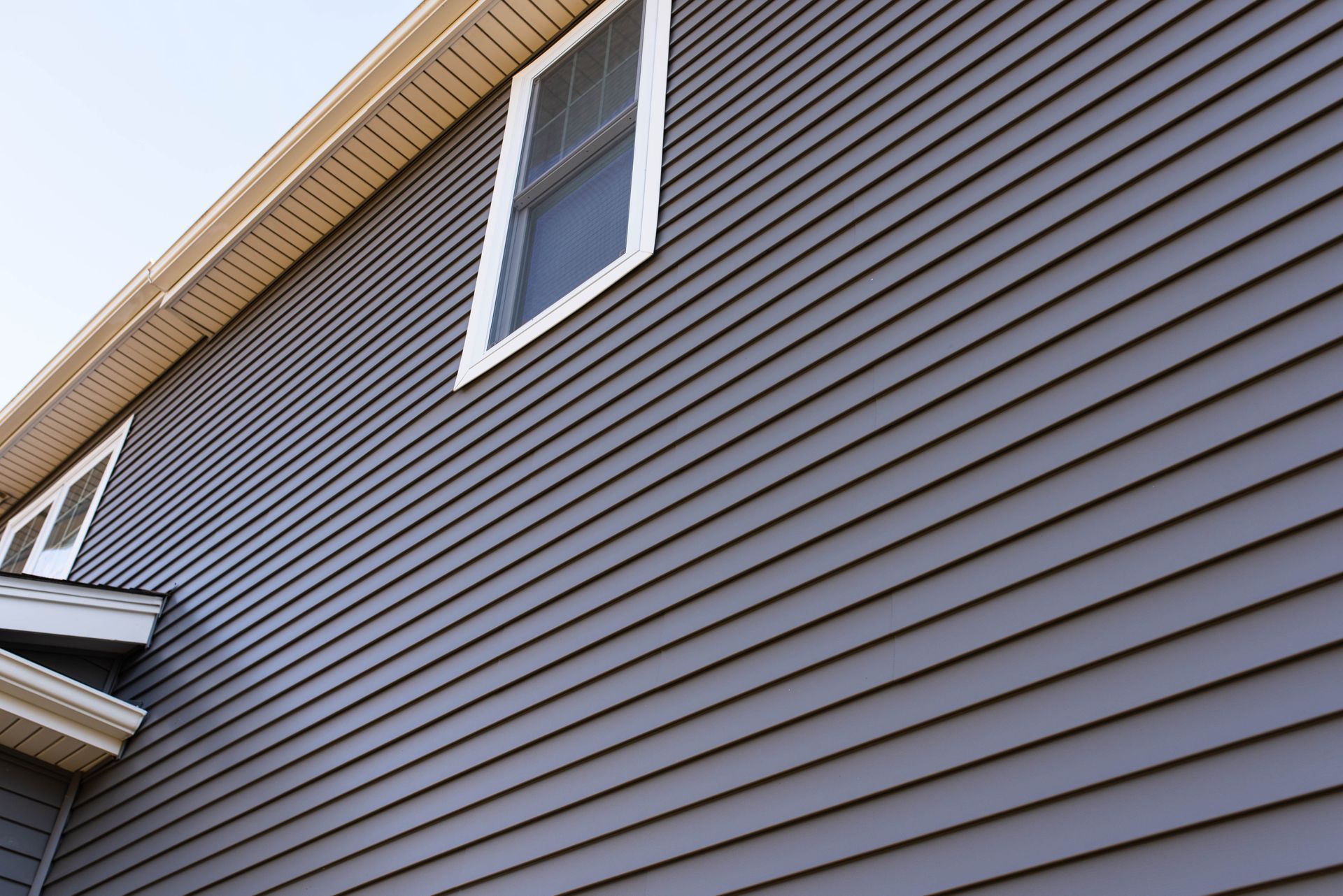 Gray vinyl siding on a building with white window trim and tan eaves.
