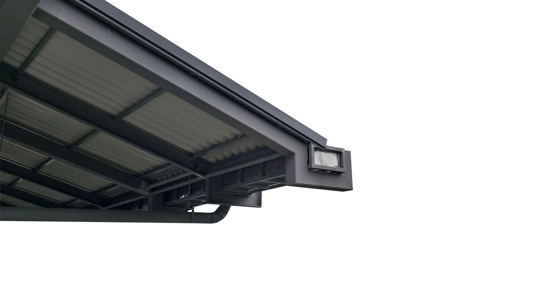 Black metal awning with corrugated roof and a small rectangular camera housing on the side.