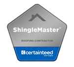 A shinglemaster roofing contractor badge with a blue border