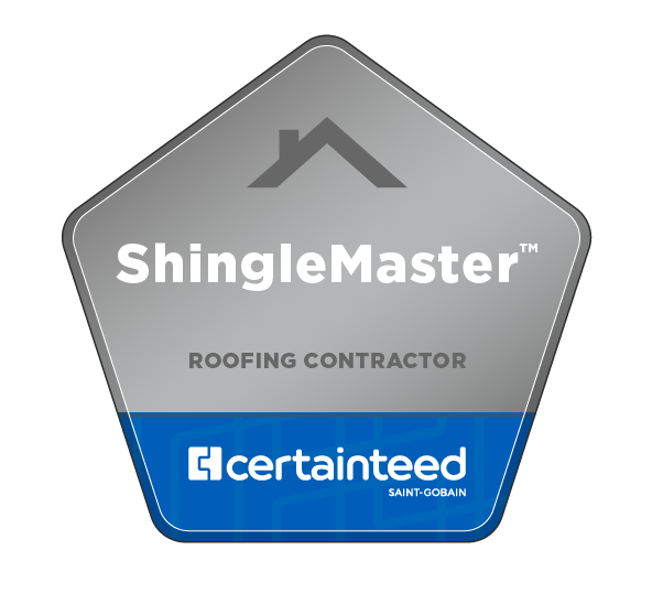 A shinglemaster roofing contractor badge with a blue border