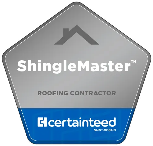 ShingleMaster Roofing Contractor badge from CertainTeed. Silver and blue pentagon with a roof icon.