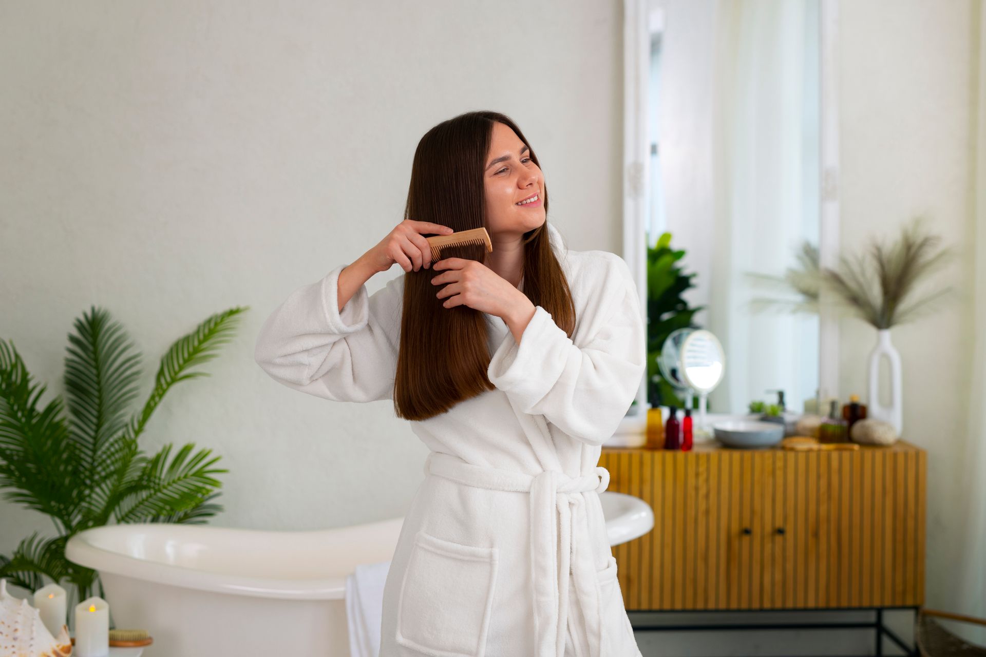 A woman in a bathrobe is brushing her hair in a bathroom.