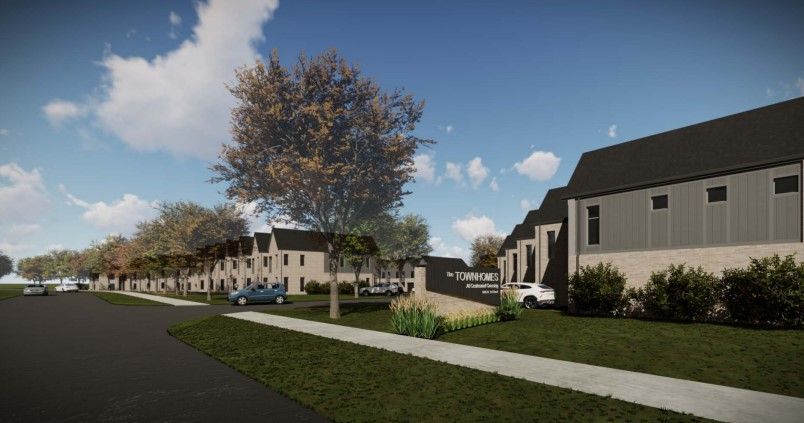 An artist 's impression of a residential neighborhood with cars parked on the side of the road.