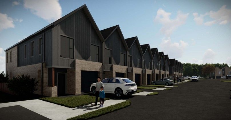 An artist 's impression of a row of houses with cars parked in front of them.