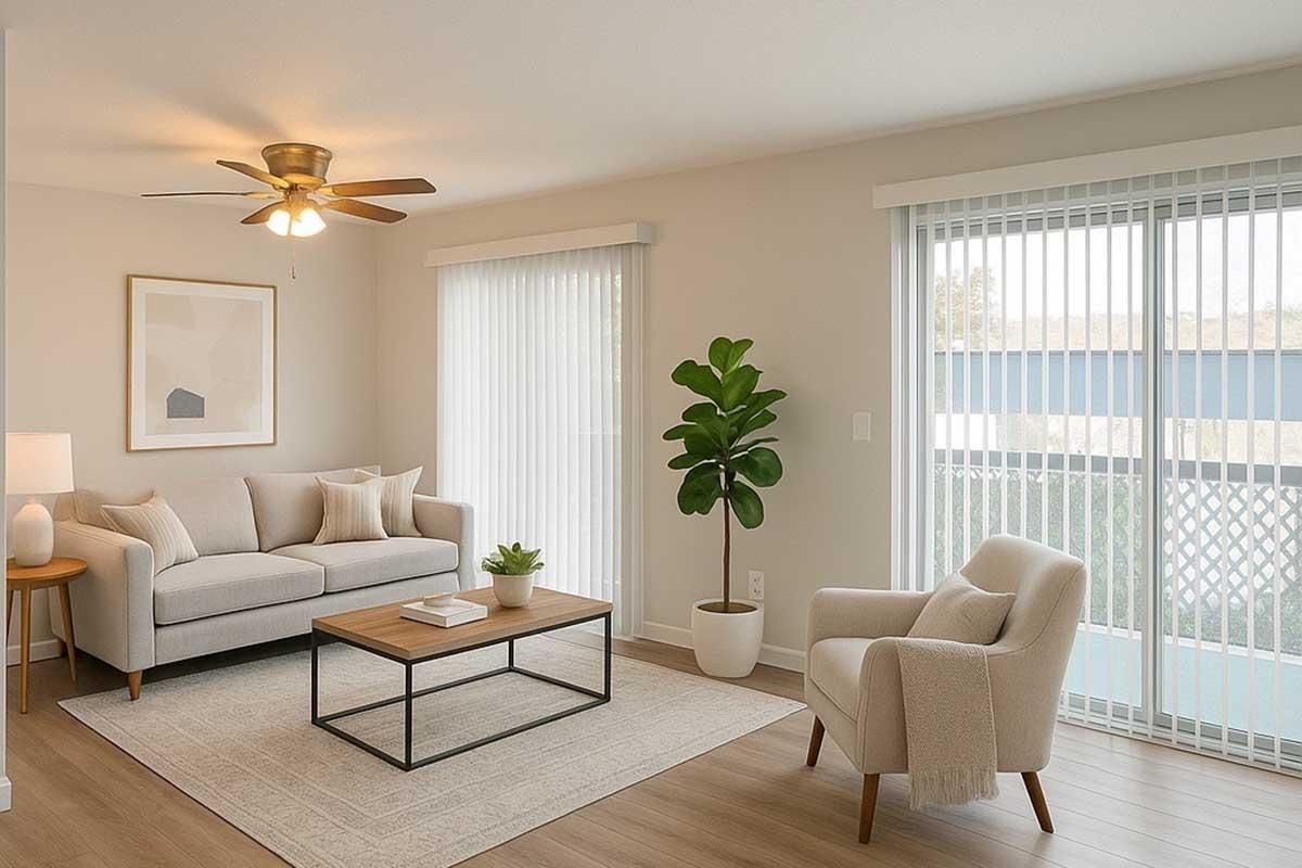 A living room with a couch , chair , coffee table and sliding glass doors.