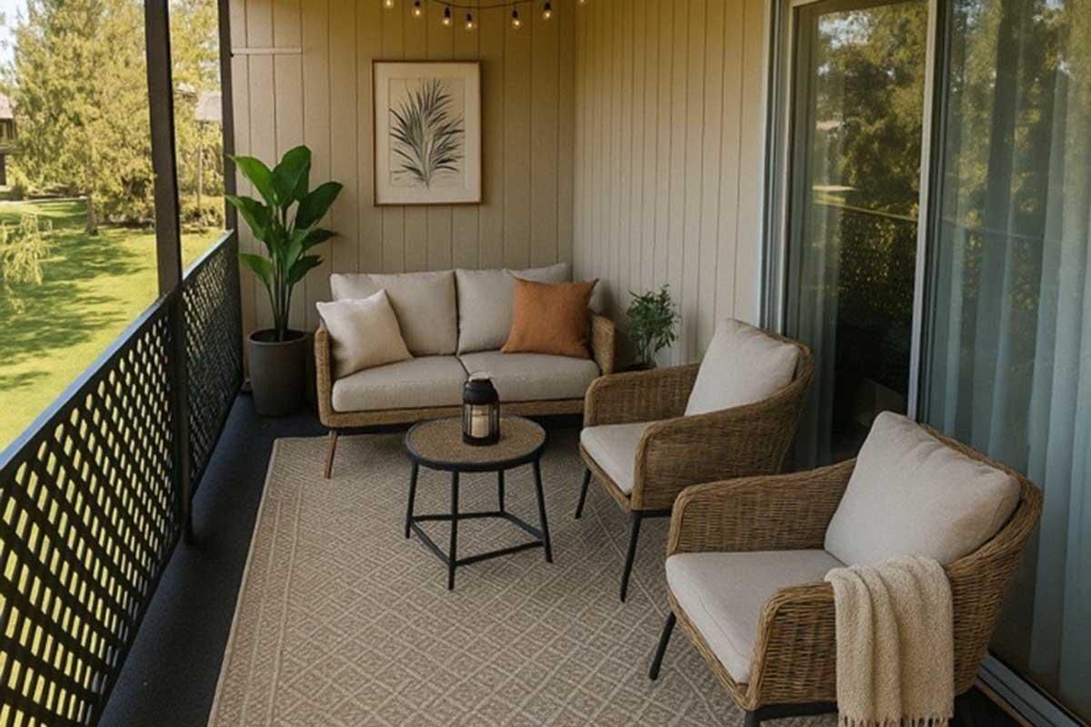 A balcony with a couch two chairs and a table